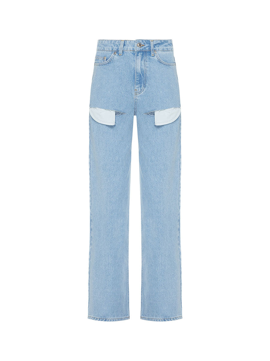 Blue straight jeans with slits under the pockets