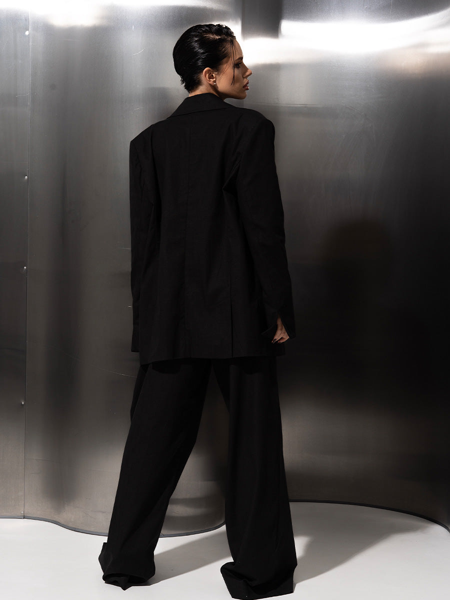 Straight-cut black linen pants