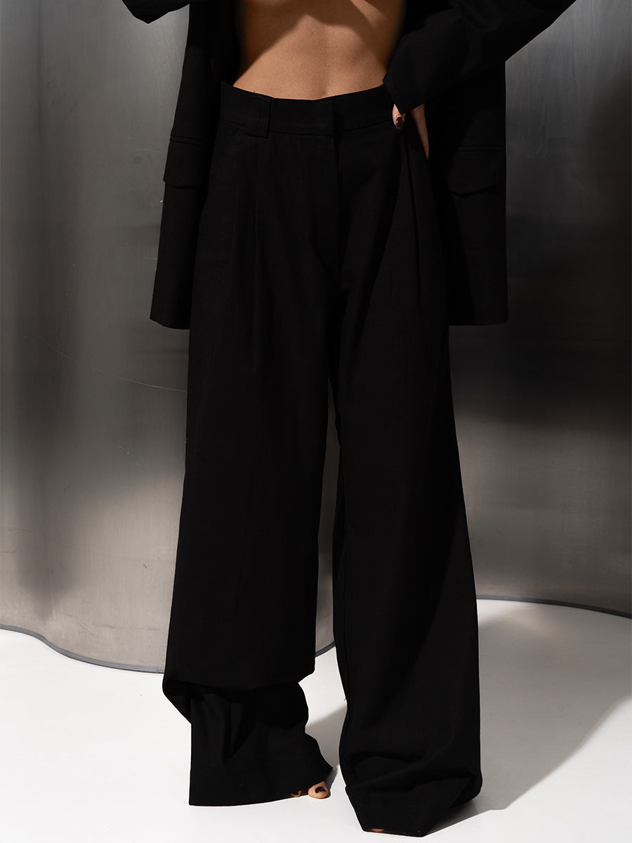 Straight-cut black linen pants