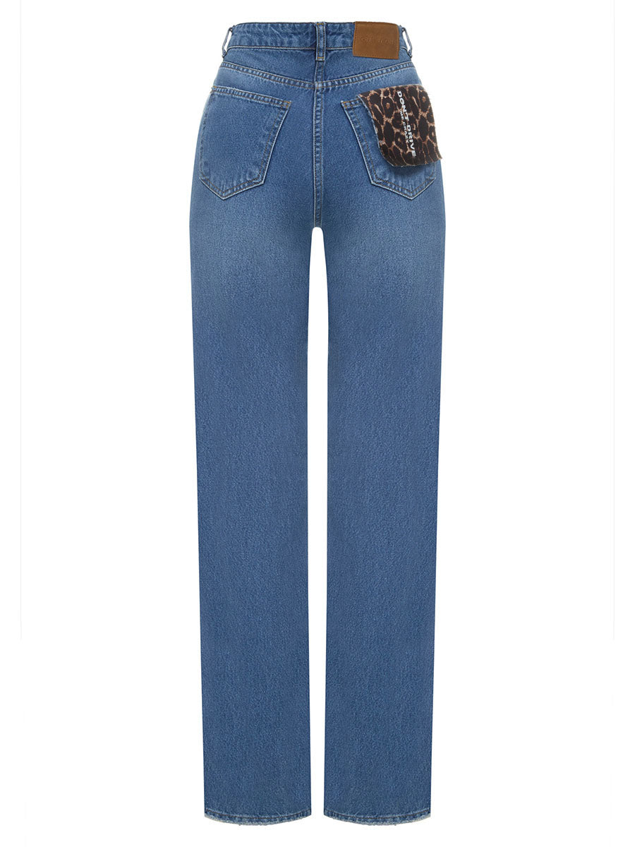 Straight-cut blue leopard print jeans