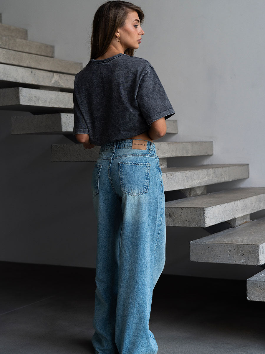 Dark blue palazzo jeans with embroidery